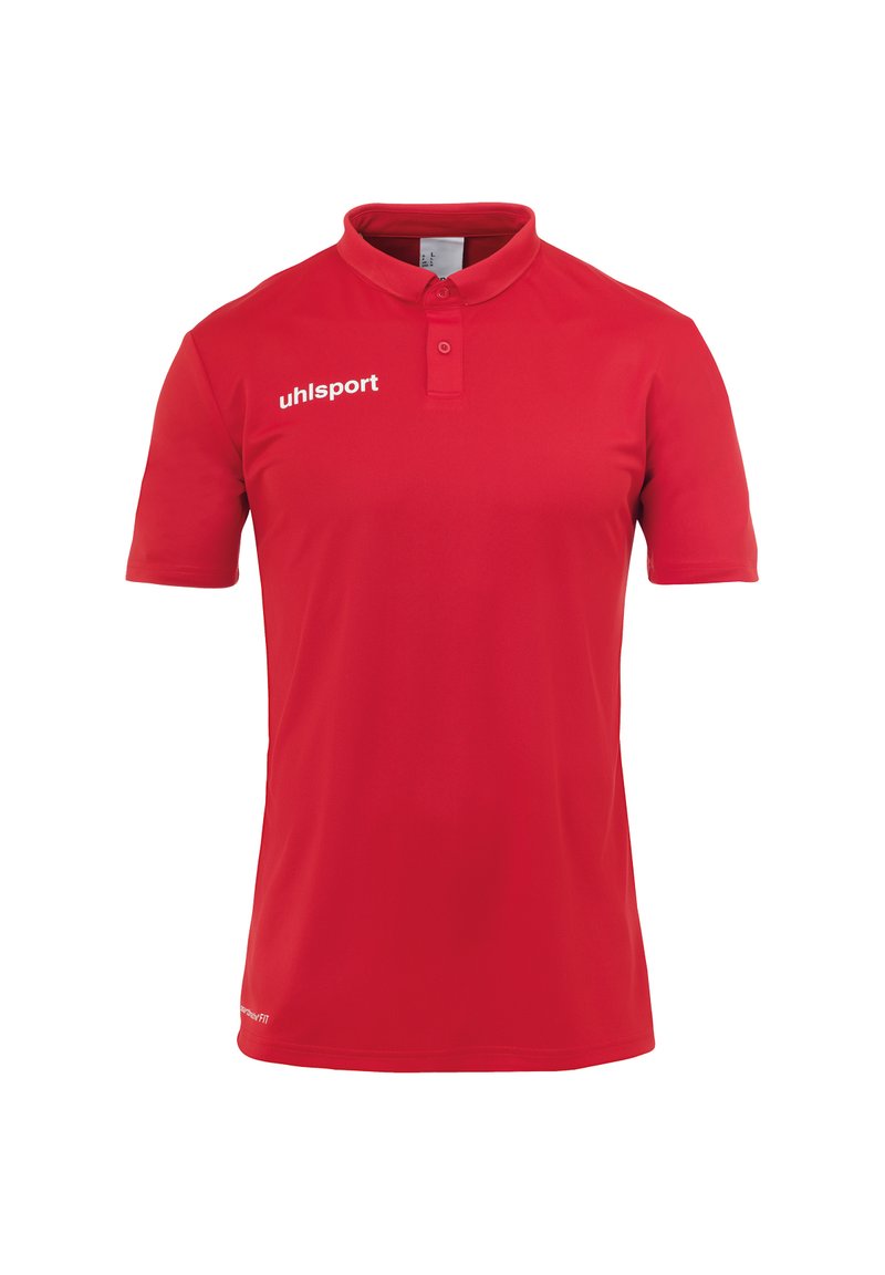 Rød polo skjorte lavet af åndbart materiale, med klassisk krave, to-knap lukning og hvid "uhlsport" logo på venstre bryst.