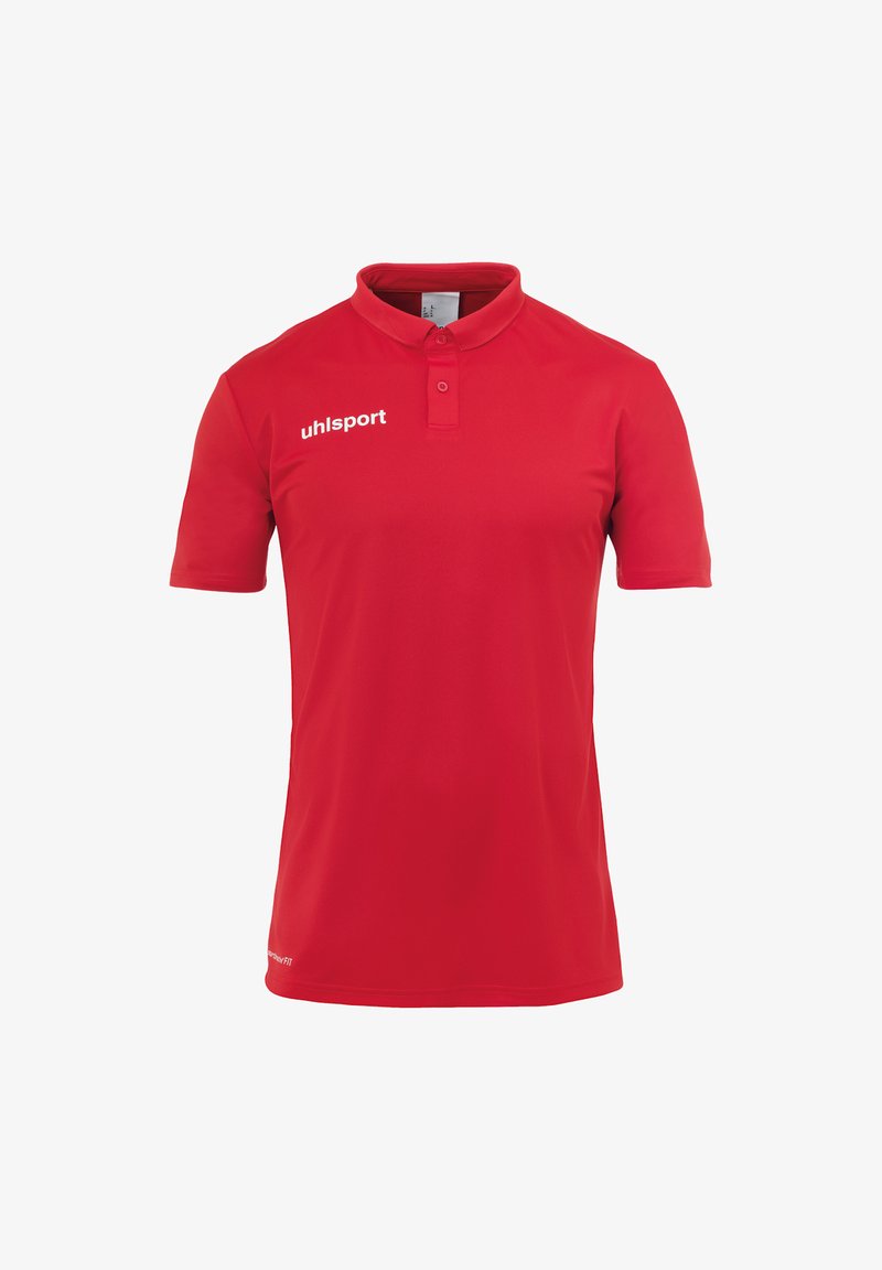 Rød polo skjorte lavet af åndbart materiale, med klassisk krave, to-knap lukning og hvid "uhlsport" logo på venstre bryst.