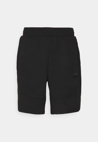 Černé sportovní šortky s elastickým pasem, bočními kapsami a decentním logem na levé noze. Hladká textura a délka ke kolenům.