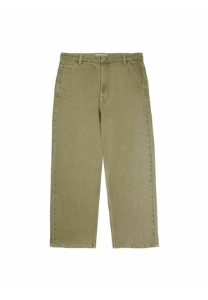 Pantaloni a gamba larga verde chiaro in cotone, con tasche frontali e chiusura con bottone, caratterizzati da una texture liscia e cuciture pulite.