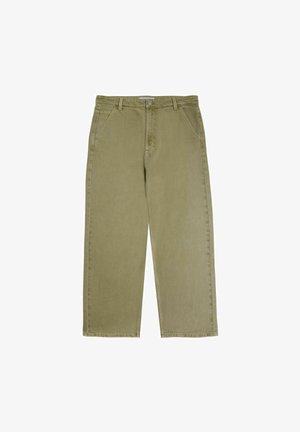 Lichtgroene wijde broek van katoen, met frontzakken en een knoopsluiting, met een gladde textuur en nette stiksels.