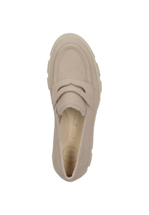 Beige slip-on sko med en tekstureret overdel og blød foer, med en dekorativ spændedetalje og en cremefarvet gummisål.