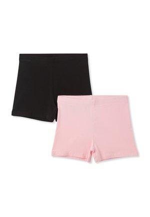 Due paia di pantaloni corti: uno nero e uno rosa chiaro. Entrambi sono realizzati in cotone morbido con una texture liscia e una vita elastica.