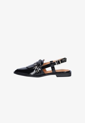 Black patent leather slingback loafer with pointed toe, silver eyelet details, and adjustable buckle strap, flat sole.