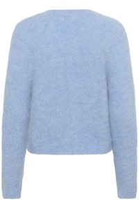 Lichtblauwe, fuzzy breiseld met een ronde halslijn en lange mouwen, met een relaxte, korte pasvorm. Eenvoudige en zachte textuur.