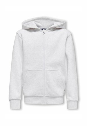 Svijetlosiva dukserica s patentnim zatvaračem, prednjim džepovima, rebrastim manžetnama i kapuljačom, prikazana na bijeloj pozadini.