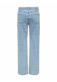 Lichtblauwe denim jeans met rechte benen, voorzien van bloembroderie in wit en groen, vijf-pocket ontwerp en een middelhoge taille.