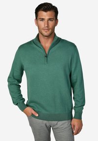 Grüner Strickpullover mit einem Viertelreißverschluss am Kragen, gerippten Bündchen und Saum. Glatte Textur mit figurbetonter Silhouette, getragen über hellgrauen Hosen.