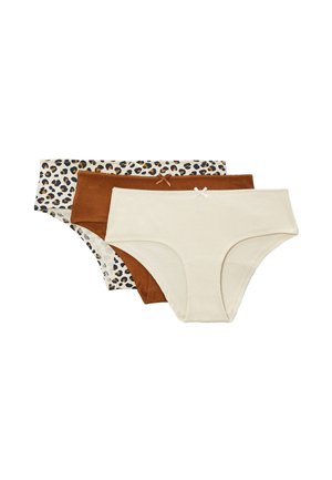 Sous-vêtements hipster pour femmes en crème, marron et imprimé léopard avec de petits nœuds centrés sur les ceintures.