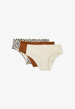 Sous-vêtements hipster pour femmes en crème, marron et imprimé léopard avec de petits nœuds centrés sur les ceintures.