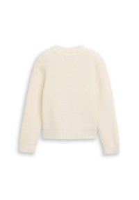 Cremfarbener Strickpullover mit gerippter Struktur, langen Ärmeln und rundem Halsausschnitt, der seitliche Schlitze am Saum aufweist.