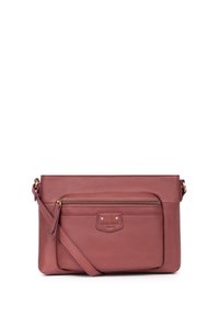Borsa a tracolla in pelle color rosa con tasca anteriore con zip, hardware color oro e tracolla rimovibile. Texture liscia e design minimalista.