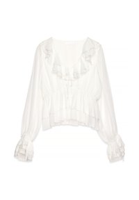 Blusa blanca de manga larga con volantes en varias capas en el escote, los puños y el dobladillo, que presenta un escote en V y un lazo ajustable en la parte delantera.