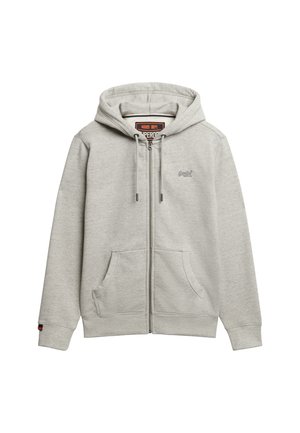Lys grå zip-up hoodie med snøre i hætten, frontlommer, ribbede manchetter og et lille logo på brystet. Fremstillet af blødt, struktureret stof.