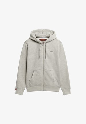 Lys grå zip-up hoodie med snøre i hætten, frontlommer, ribbede manchetter og et lille logo på brystet. Fremstillet af blødt, struktureret stof.