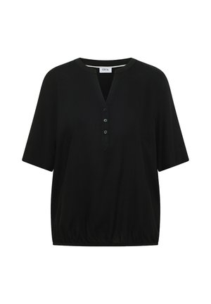 Sort kortærmet bluse med rund halsudskæring, tre-knap planke, elastisk kant og mærket "CECIL" inde i kraven.
