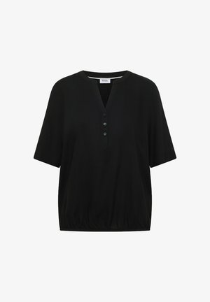 Schwarze kurzärmlige Bluse mit rundem Ausschnitt, dreiknöpfiger Blende, elastischem Saum und dem Etikett "CECIL" an der Innenseite des Kragens.