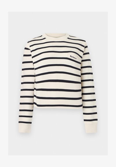 Chemise blanche à manches longues avec des rayures horizontales noires et une petite poche poitrine brodée du logo "Barbour".