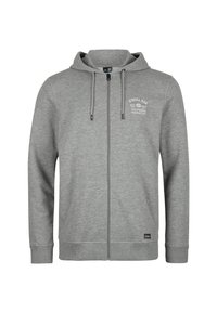 Šedá mikina na zip vyrobená z měkké tkaniny, s kapucí, šňurkami, předními kapsami a malým logem na hrudi.