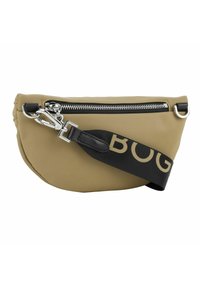 Bolso bandolera de nylon beige con cremallera plateada, correa negra con "BOG" en dorado y un cuerpo moldeado para un fácil transporte.