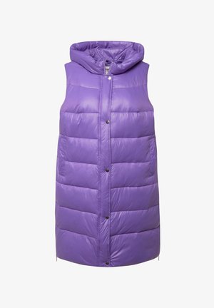 Purple padded vest with a hood, featuring a glossy finish, two front pockets, and snap button closures. Smooth texture and lightweight design.
