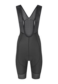 Black cycling bib shorts with a padded seat, featuring a mesh back and elastic straps, designed for comfort and breathability during rides.