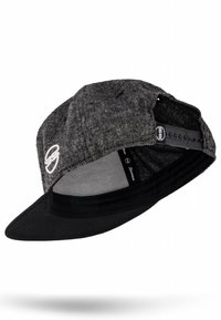 Schwarze und graue Kappe mit flachem visier, Mesh-Futter und verstellbarem Riemen. Verfügt über ein dezentes Logo auf der Vorderseite und ein strukturierter Stoffdesign.