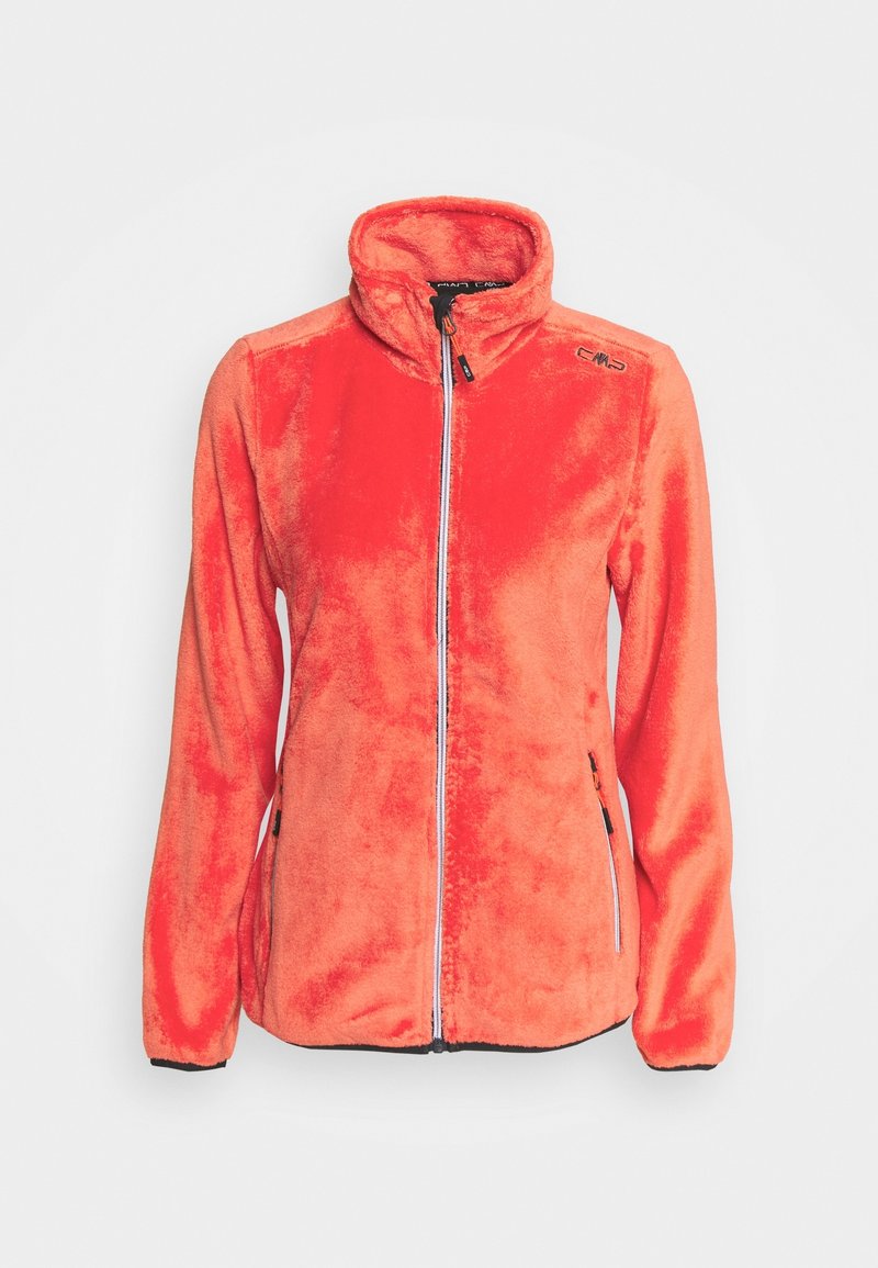 Veste polaire à fermeture éclair intégrale de couleur orange vif, avec col montant et poches latérales zippées, conçue pour la chaleur et un style décontracté.