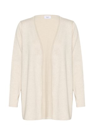 Cardigan beige con scollatura a V profonda, apertura frontale e maniche lunghe. Texture morbida, tessuto a maglia leggero e senza chiusure.