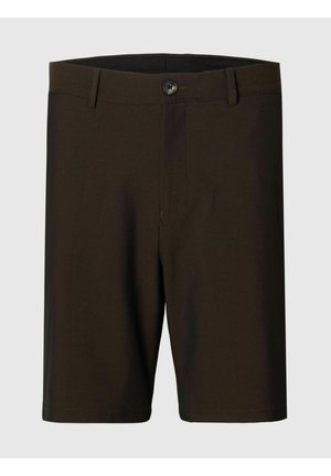 Temno rjavi kratki hlače po meri z zankami za pas, zapiranjem na gumbe in čistim, ravnim sprednjim dizajnom na svetli podlagi.
