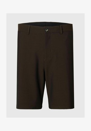 Temno rjavi kratki hlače po meri z zankami za pas, zapiranjem na gumbe in čistim, ravnim sprednjim dizajnom na svetli podlagi.