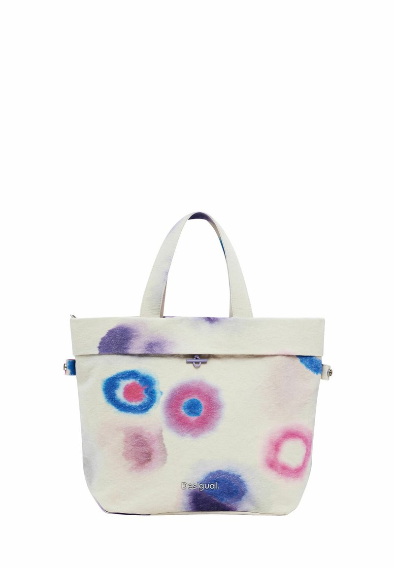 Borsa tote in tela con un colore di base chiaro e motivi circolari rosa, blu e viola. Include due manici e una chiusura con zip.
