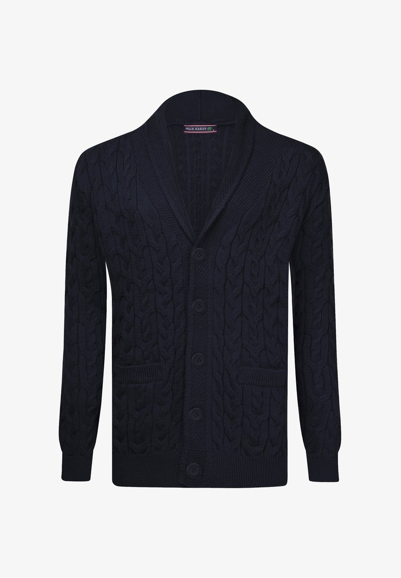 Granatowy kardigan w splot warkoczowy z kołnierzem szalowym, sześcioma guzikami i dwoma przednimi kieszeniami; wykonany z materiału o teksturowanym splocie.