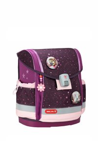 Zaino scolastico viola e rosa con un motivo a stelle, un pannello frontale, distintivi a tema floreale e animale, e strisce riflettenti per la visibilità.