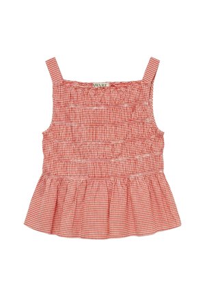 Rood-wit geruit mouwloos topje met een gerimpeld lijfje en een gerimpelde zoom, voorzien van een vierkante halslijn en brede schouderbanden.