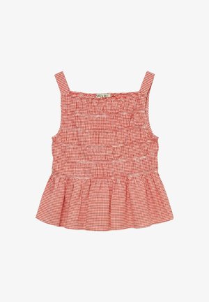 Top sin mangas de cuadros vichy rojos y blancos con cuerpo fruncido y borde con volantes, que presenta escote cuadrado y tirantes anchos.