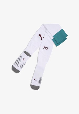 White sports socks with grey toes and heels, teal cuffs, Puma logo, and "F.P.F." lettering, designed for right and left feet.