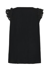 Robe noire longueur genou avec manches courtes en dentelle volantée et une silhouette droite sur fond blanc.