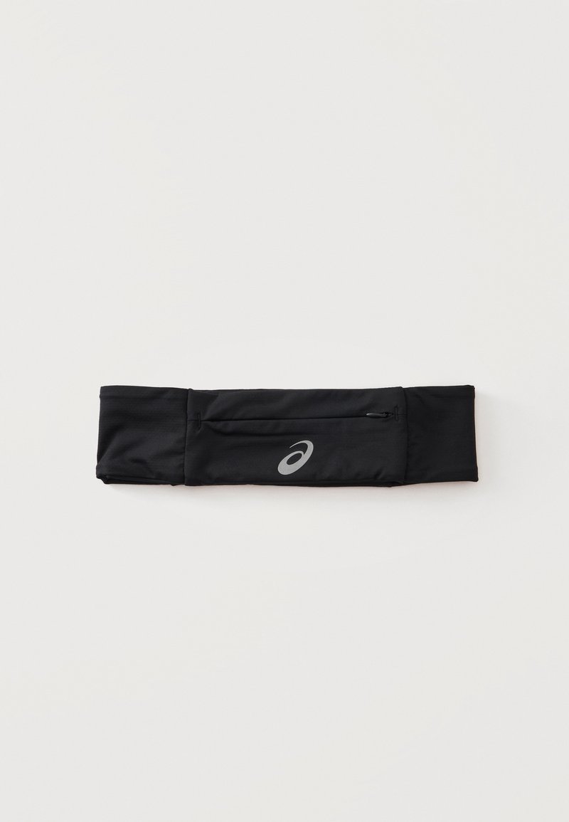 Ceinture élastique noire avec petite poche zippée et logo réfléchissant au centre devant, conçue pour la course ou le fitness.