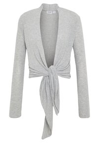 Grå kort cardigan i mjukt material, med djup V-ringning, långa ärmar och en framknutningsdesign för justerbar passform.