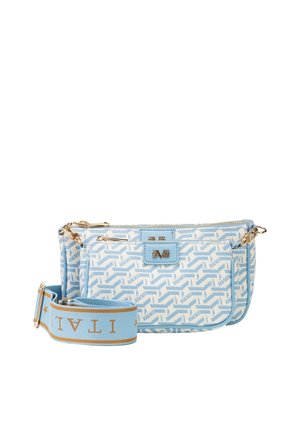 Sac double pochette à motifs bleus et blancs avec fermeture éclair dorée, bandoulière bleue amovible ornée du texte doré "ITALIE" et d'accents en forme d'étoile.