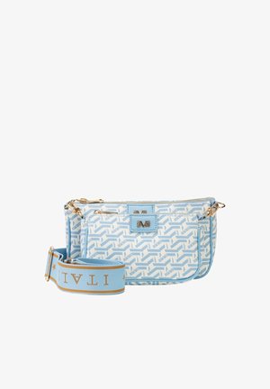 Blauw-witte dubbelzijdige tas met patroon, voorzien van een gouden ritssluiting, afneembare blauwe band met gouden tekst "ITALY" en steraccenten.