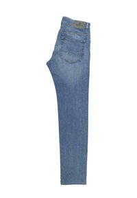 Light blue denim jeans with a straight leg design. Features a back pocket, subtle stitching, and a branded leather patch on the waistband.