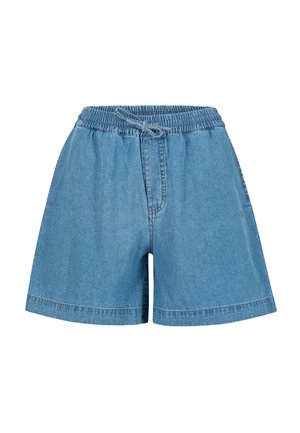 Shorts en denim bleu clair avec taille élastique et cordon de serrage, coupe ample et détails de couture minimaux.