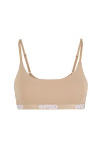 Beige bralette laget av mykt stoff med justerbare stropper. Har et hvitt merkebånd nederst. Jevn tekstur, enkelt design.