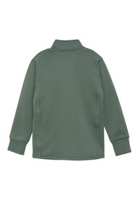 Giacca in pile verde con colletto alto, maniche lunghe a raglan e polsini elasticizzati. Texture liscia e dettagli di cucitura a contrasto.