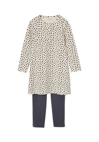 Langärmliges Kleid mit beigem Hintergrund und schwarzem Leopardenmuster, kombiniert mit dunkelgrauen Leggings. Hergestellt aus weichem, dehnbarem Baumwollmaterial.