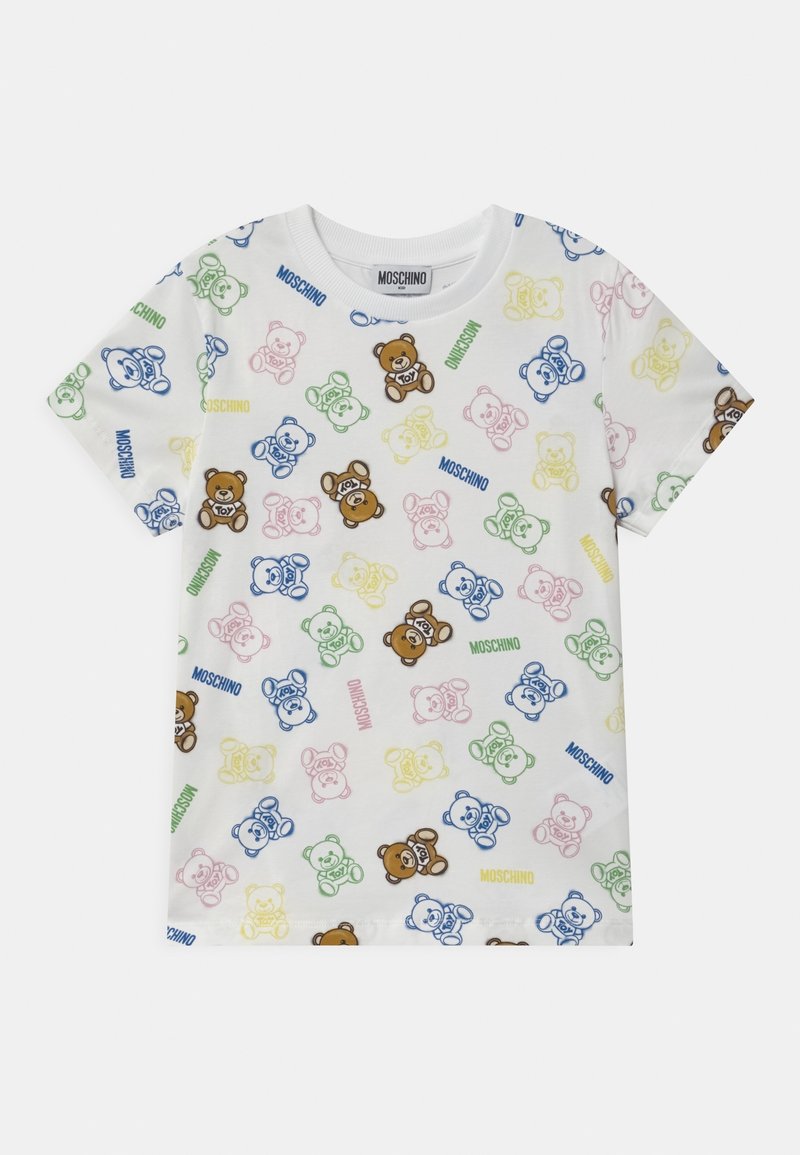 Bílý bavlněný tričko s multibarevnými grafikami medvěda v růžové, modré, zelené a žluté barvě, s nápisy "Moschino" po celé ploše.