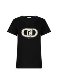 Camiseta ajustada de manga corta negra con cuello redondo y un diseño de logotipo de cadena blanca embellecido centrado en el pecho.