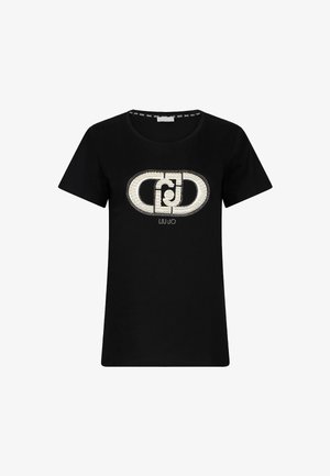 Zwart kortemouwen getailleerd T-shirt met een ronde hals en een witte versierde schakellogo in het midden op de borst.